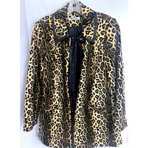 Nygard Collection Leopard Print Faux Fur Jacket Leather Trim Tan Brown Womens M
